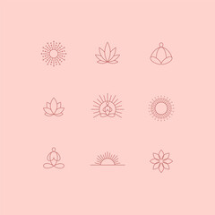 Fototapeta na wymiar Set of linear symbols. Yoga, meditation, lotus, sun. Collection of design elements. Vector illustration.