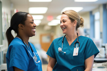 two nurses laughing and talking in a hospital, showcasing positivity, camaraderie among healthcare workers - obrazy, fototapety, plakaty