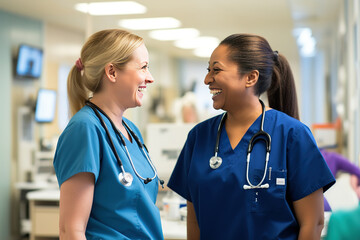 two nurses laughing and talking in a hospital, showcasing positivity, camaraderie among healthcare workers - obrazy, fototapety, plakaty