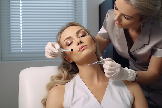 Concentrated experienced female professional cosmetologist doing face contouring injections to adult woman in aesthetic medicine office, performing lip fillers