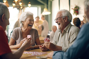 seniors in a lively social activity, playing cards and laughing, capturing the joy of leisure in retirement