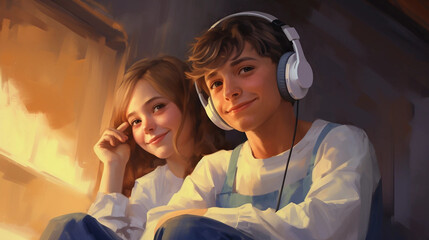 A Boy and a Girl Sitting Together While Listening to Headphones