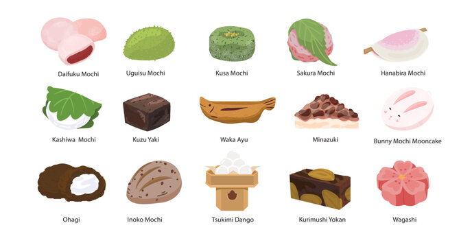 Set of japanese pasrty mochi, wagashi and traditional sweets. Vector illustration of rice asian pastry. Korean, japanese food