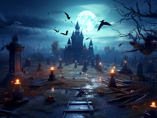 Halloween background with pumpkins and a haunted castle in a graveyard - ai generative - obrazy, fototapety, plakaty
