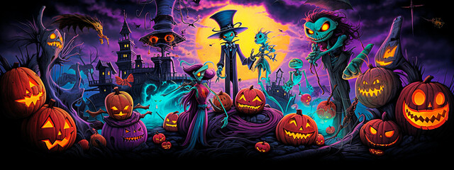 Halloween background with pumpkins and witch house illustration. Selective focus. 