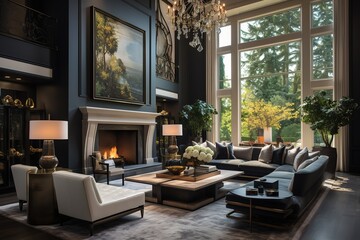 Photo of a luxurious living room with large windows and elegant furniture - obrazy, fototapety, plakaty