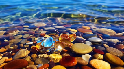 Seaside Colorful Transparent Stones-Pebbles Blue Sea Water at Golden Beach