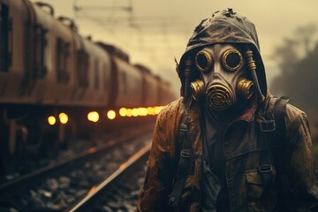 Człowiek w masce gazowej i kombinezonie na torach kolejowych na zanieczyszczonym odpadami chemicznymi terytorium.  - obrazy, fototapety, plakaty