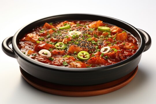 A pot of stew with meat and vegetables. Fictional image. Sichuan hotpot dish.