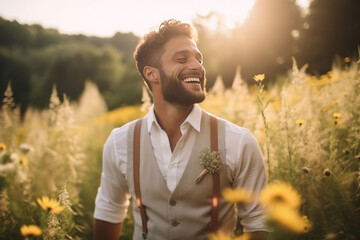 a joyful groom at an outdoor summer wedding, surrounded by nature. His authentic happiness shines, capturing the essence of this lifestyle milestone. - obrazy, fototapety, plakaty