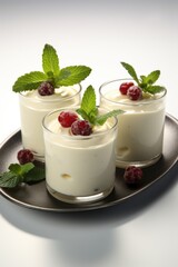 Three glasses of panna cotta dessert with raspberries on a plate. Fictional image.