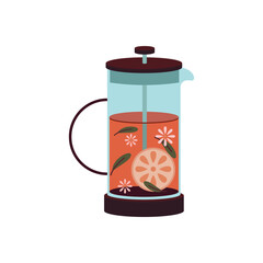 Vintage tea kettle and cozy teapot, herbs. Rustic teapot with autumn herbal drink, teacup, leaves. Colored flat vector illustration isolated on white background