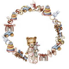 Toys wreath,watercolor illustration for cards, backgrounds. Watercolor illustration for scrapbooking. Cartoon hand drawn background with toys for kids design. Perfect for wedding invitation.
