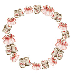 Toys wreath,watercolor illustration for cards, backgrounds. Watercolor illustration for scrapbooking. Cartoon hand drawn background with toys for kids design. Perfect for wedding invitation.