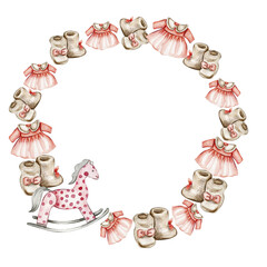 Toys wreath,watercolor illustration for cards, backgrounds. Watercolor illustration for scrapbooking. Cartoon hand drawn background with toys for kids design. Perfect for wedding invitation.