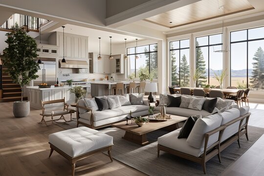 Beautiful living room and kitchen in new modern luxury home with open concept floor plan. Features waterfall island, hardwood floors, and large windows inviting natural light.