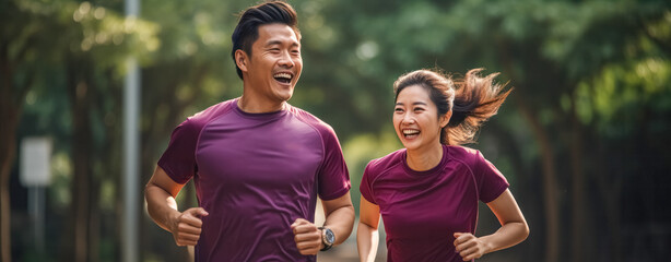 active, caucasian, couple, man, cheerful, jogging, male, outdoors, together, woman. cheerful couple running outdoors when sunset at park or stadium. activity outdoors for healthy and heart rate. - obrazy, fototapety, plakaty