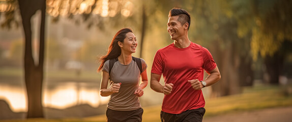 active, caucasian, couple, man, cheerful, jogging, male, outdoors, together, woman. cheerful couple running outdoors when sunset at park or stadium. activity outdoors for healthy and heart rate.