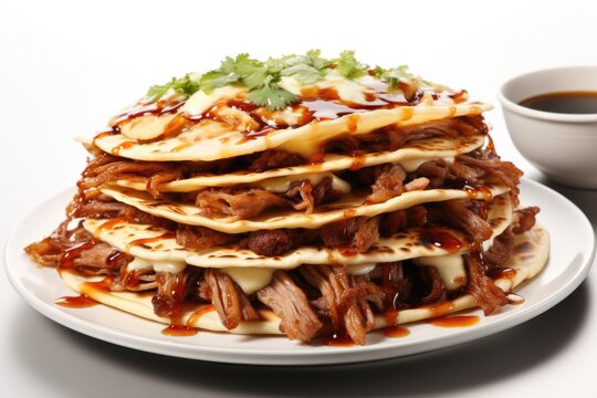 A stack of food on a plate next to a cup of coffee. Fictional image. Peking duck, chinese dish.