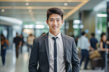 Fototapeta premium portrait, business, businessman, office, opportunity, business person, confidence, leadership, smile, elegance. portrait image is close up businessman. him have on formal suit, behind have officer.