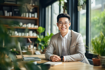 portrait, business, businessman, office, opportunity, coworking, cafe, smile, elegance, expertise. portrait image is close up businessman at co-working space. behind have shelf of cafe tools.
