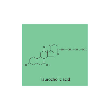 Taurocholic acid Bile Acid (involved) digestion and absorption of fats in the small intestine Molecular structure skeletal formula on green background.
