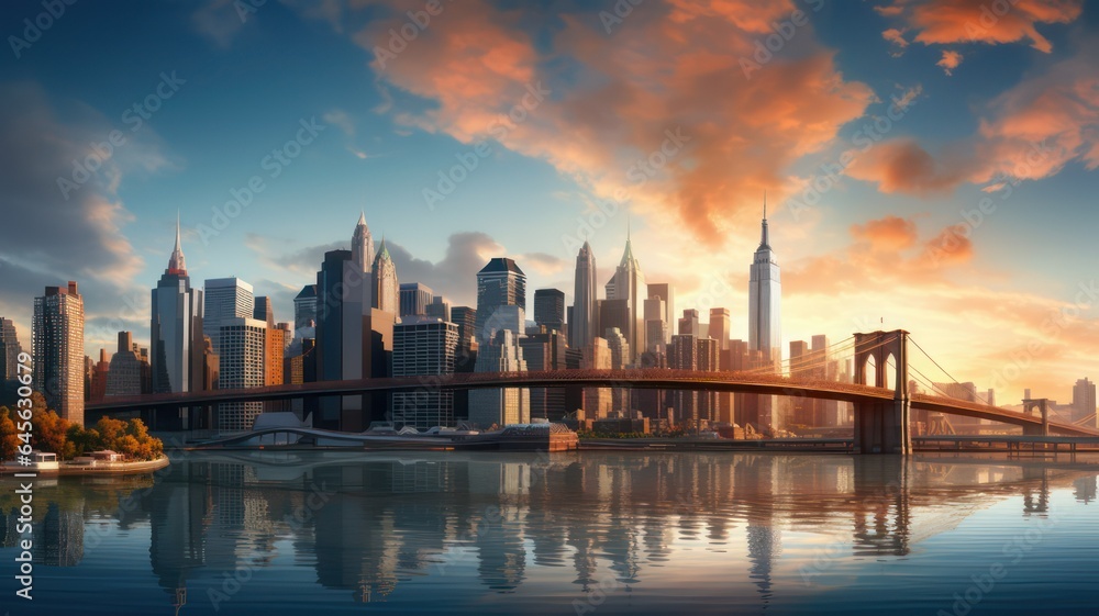 Poster panoramic cityscape skyline at sunset with bridge and skyscraper created with generative ai