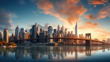 Fototapeta premium Panoramic cityscape skyline at sunset with bridge and skyscraper created with Generative AI