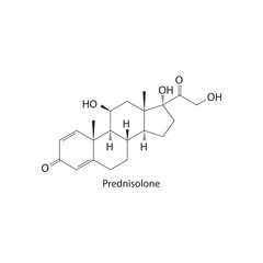 Prednisolone Synthetic Corticosteroid used to treat various inflammatory and autoimmune conditions Molecular structure skeletal formula on white background.