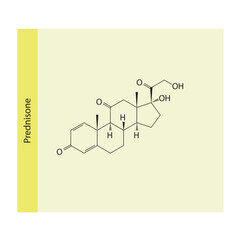 Prednisone Synthetic Corticosteroid used as an anti-inflammatory and immunosuppressive medication Molecular structure skeletal formula on yellow background.