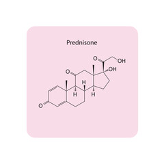 Prednisone Synthetic Corticosteroid used as an anti-inflammatory and immunosuppressive medication Molecular structure skeletal formula on pink background.