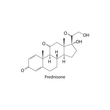 Prednisone Synthetic Corticosteroid used as an anti-inflammatory and immunosuppressive medication Molecular structure skeletal formula on white background.