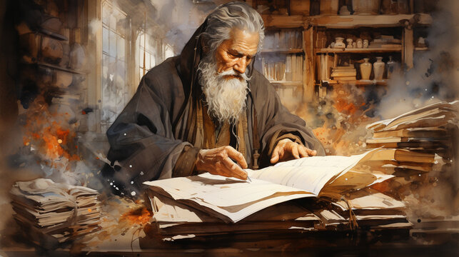 A portrait sketch of a wise scholar lost in ancient texts, surrounded by the wisdom of ages
