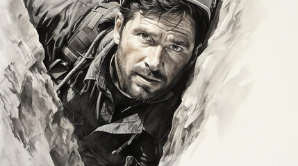 A pencil drawing of an explorer in rugged terrain, their determined spirit reflected in their expression