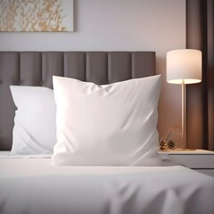 Blank white square Pillow Mockup, white bed room Background, Product photography, minimalistic, lamp