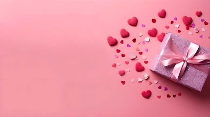 Valentine's Day banner mockup with pink presents and hearts on pink background