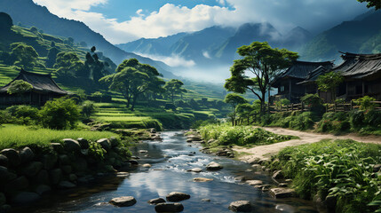 River Floating Through Chinese Ancient Village Foggy Mountains and Agriculture Field