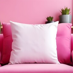 Blank white square Pillow Mockup, pink living room Background, Product photography, minimalistic, sofa, barbie