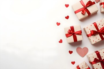 Valentine's Day banner mockup with presents and hearts on white background