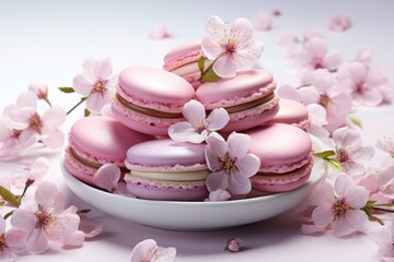 Fototapeta na wymiar A white bowl filled with pink macarons and flowers. Fictional image.