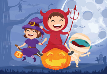 Naklejka premium Halloween Kids Costume cartoon, isolated with moonlight background