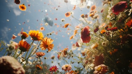 Obraz na płótnie Canvas Spring flowers fly against the blue sky. Summer aesthetic concept.