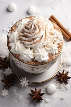 A cup of hot chocolate with whipped cream and star anise. Fictional image.