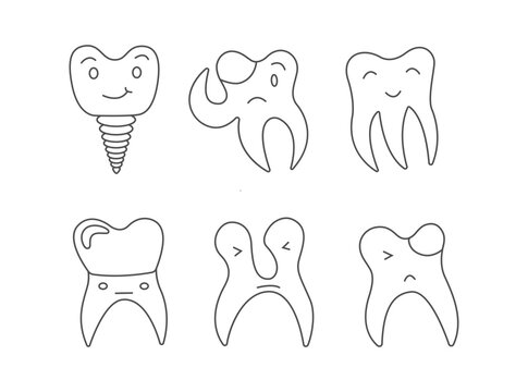 Oral hygiene concept. Cute doodle teeth characters with caries, implant, tooth crown. Dental care and treatment. Concept for child dentistry. Teeth cleaning and prevention.