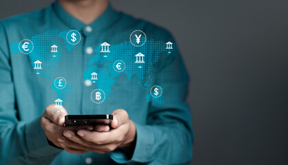 Online central bank concept. Businessmen exchanging international currency, exchange rates and foreign currency money transfers..