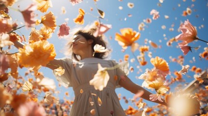 A beautiful young girl dances in nature, spring flowers  peach fuzz color swirl and fly around her.