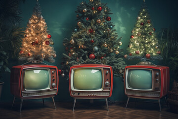 Old retro TV's and Christmas trees with decoration on green background. retro and vintage concept....