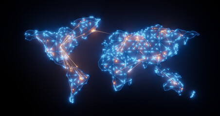 world map wire line neon glow style.