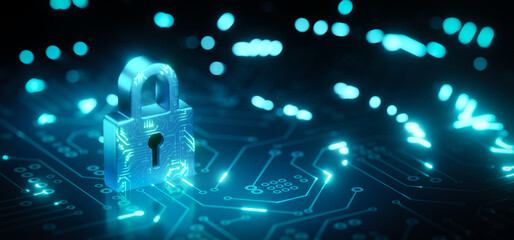 padlock security network on circuit board.