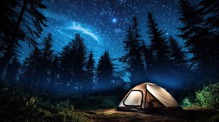 A nighttime campsite with a glowing tent under a starry sky. AI generative - obrazy, fototapety, plakaty